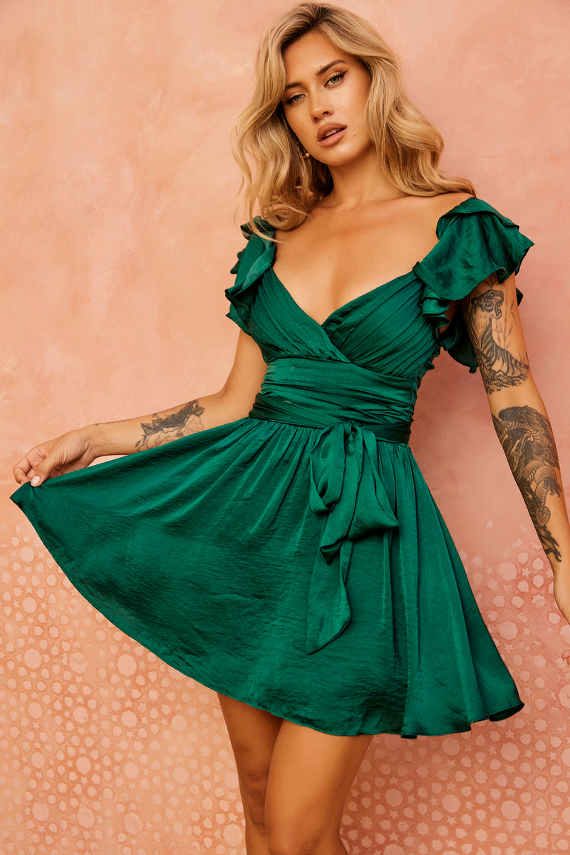 Emerald Green Mesh Drape Maxi Dress – Rare London