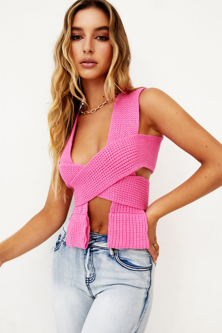 Tie Breaker Knit Top - Hot Pink