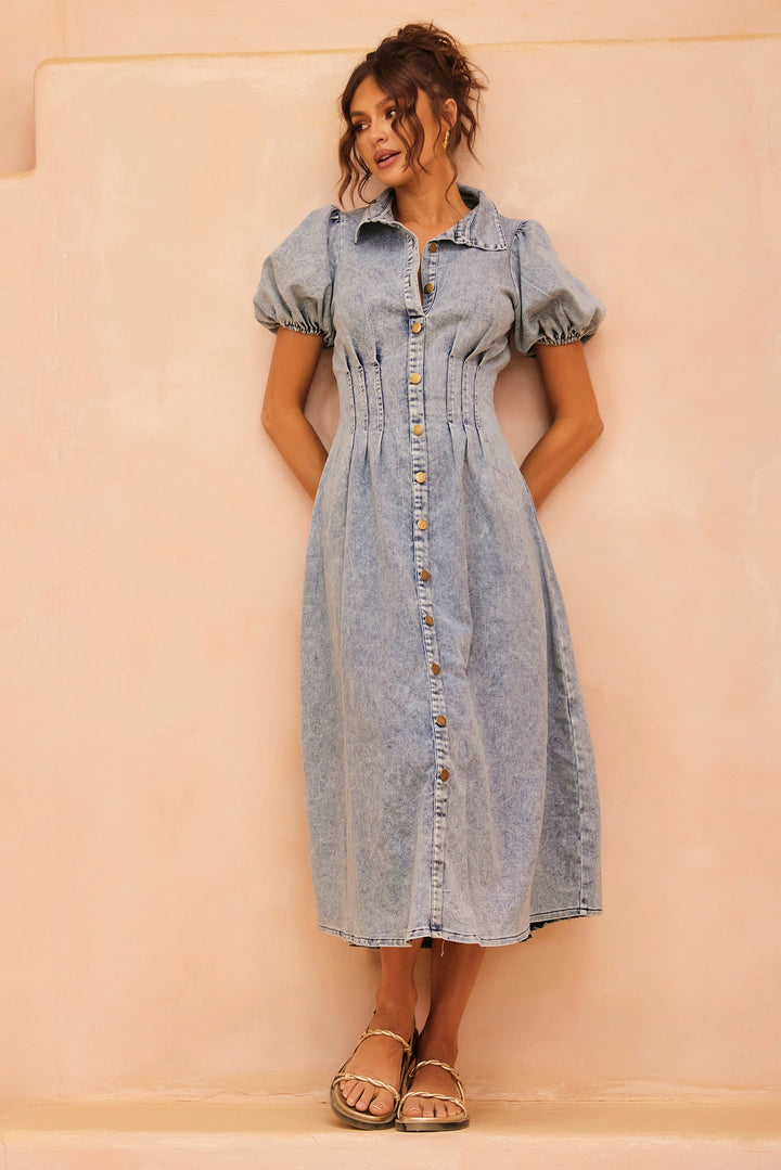 Amber Denim Midi Dress - Washed Blue